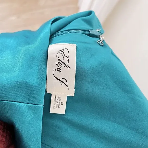 Eliza J Ruffle Satin Jade Green Mermaid Gown Size 10 - Picture 9 of 10